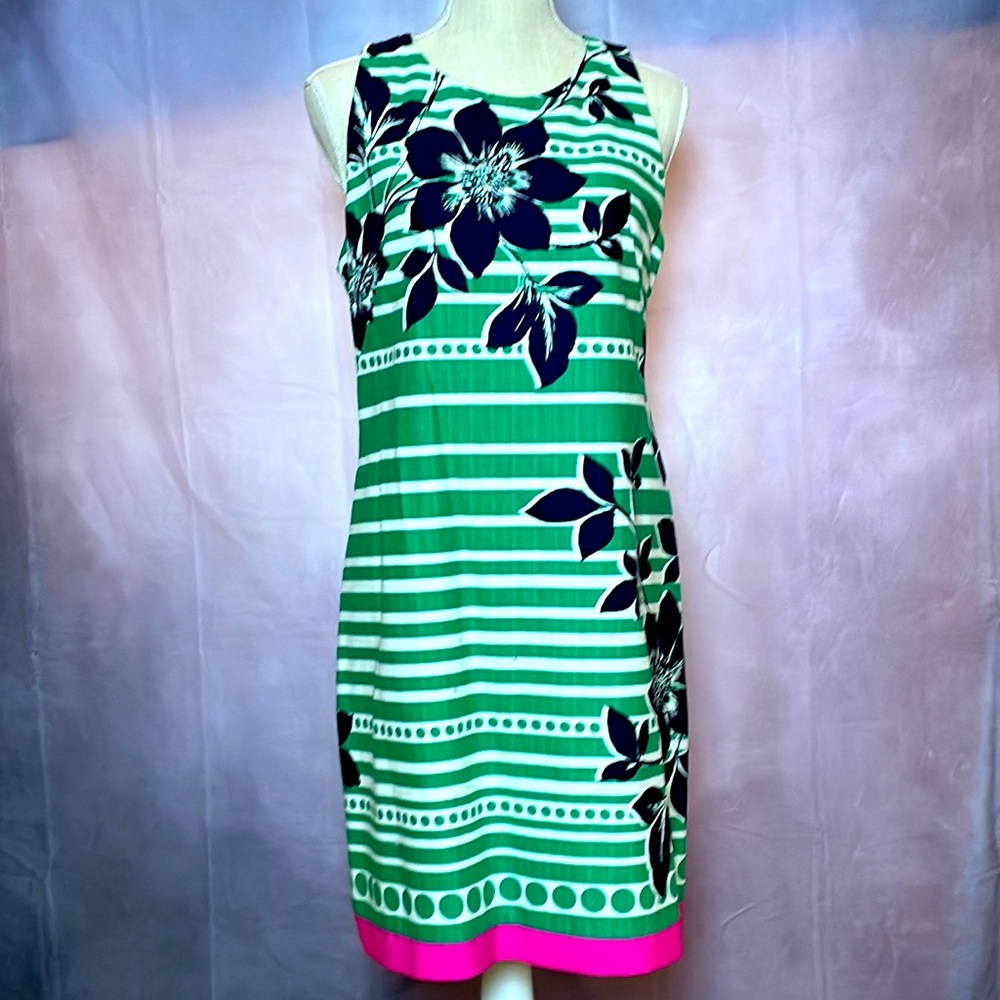 ELIZA J PREPPY STRIPED/FLORAL SHEATH GREEN PINK BLACK WHITE SIZED 10